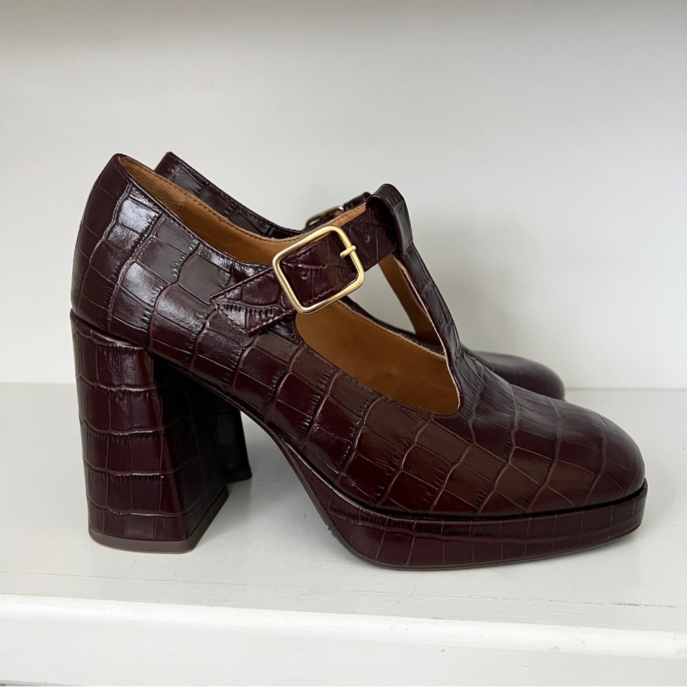 Sezane Croc-Embossed Mary Jane Heels in Deep Burgundy with Gold Buckle